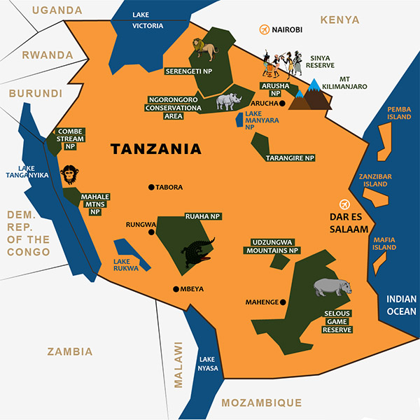 پارک‌های ملی تانزانیا و جاهای دیدنی تانزانیا روی نقشه