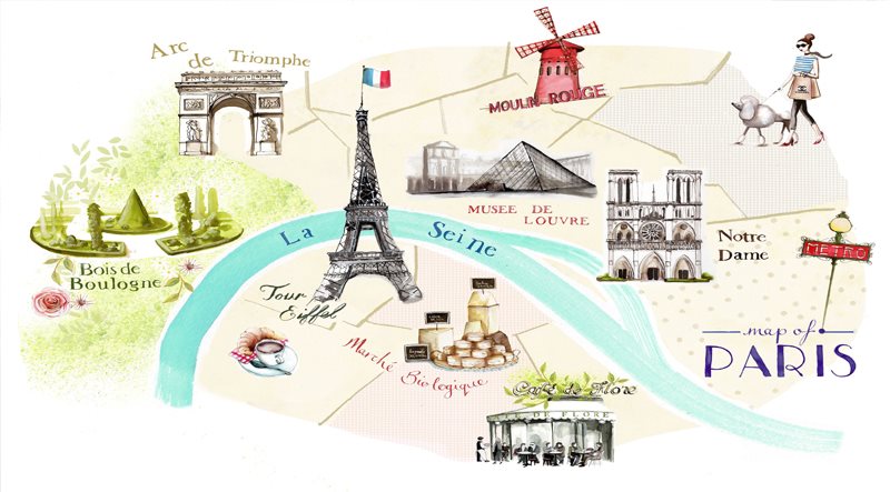 نقشه ای گرافیکی از جاهای دیدنی پاریس